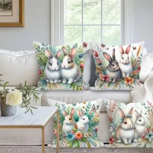 Housse de coussin décorative lapin de Pâques aquarelle fleurs salon canapé lot 4