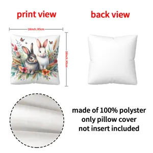 Housse de coussin décorative motif lapin et fleurs 45x45 cm en polyester doux design.