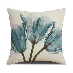 Linen blue floral throw pillow cover, minimalist modern botanical sofa cushion cover for home.