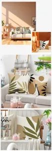 Nordic minimalist linen throw pillow cover with abstract plant leaves and boho geometric art.