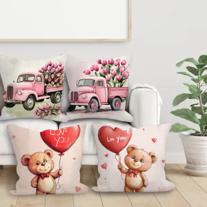 Valentine's Day pink truck and teddy bear printed throw pillow covers for sofa decor