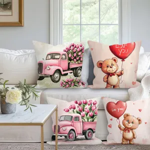 Valentine's Day decorative throw pillow covers with cute pink truck and teddy bear print.