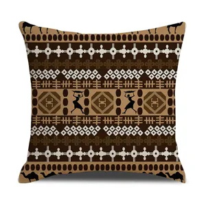 Retro bohemian throw pillow cover with ethnic tribal geometric pattern and camel print for home.