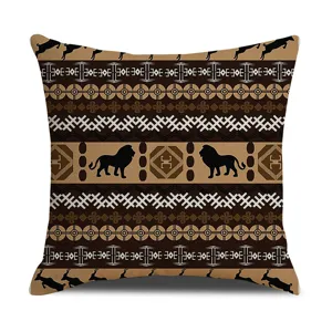 Bohemian tribal lion and antelope print linen throw pillow cover for modern home decor