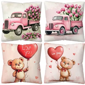 Valentine Day decorative throw pillow covers set cute teddy bear pink truck 4 pcs