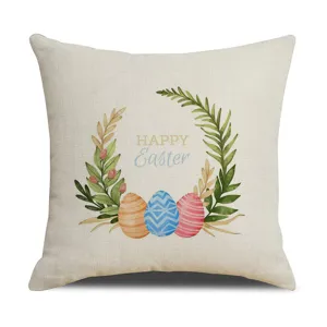 Housse de coussin de Pâques en lin décorative avec couronne florale et oeufs colorés.