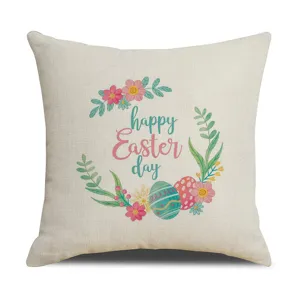 Housse de coussin de Paques en lin couronne florale happy easter day imprime pour decoration