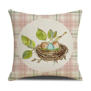 Housse de coussin en lin de Pâques avec nid d'oiseau aquarelle et motif à carreaux pour canapé