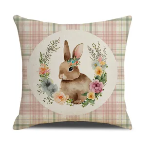 Housse de coussin en lin avec lapin de Pâques couronne florale à carreaux pour déco canapé