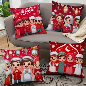 Eid Mubarak festive cartoon children throw pillow covers red cushion home decor 4pcs
