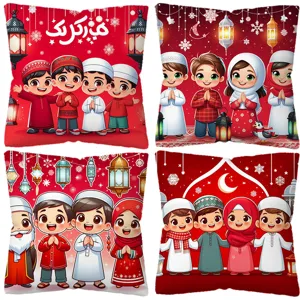 Set of 4 festive cartoon character printed throw pillow covers for holiday home decor sofa.