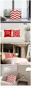 Red and white linen cushion covers featuring geometric designs for cozy living room decor.