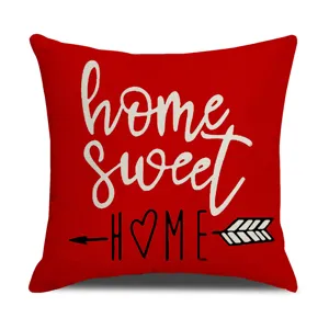 Red linen throw pillow cover with modern white home sweet home and black heart letter design.