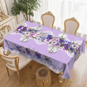 Paarse Kanten Tafelkleed met Bloemenprint Polyester Stofdichte Tafelhoes voor Keuken Eetkamer Salontafel Huisdecoratie