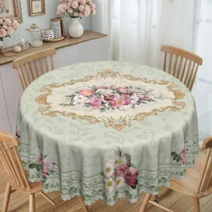 Elegante tovaglia rotonda con fiori di rose primaverili in poliestere decorazione