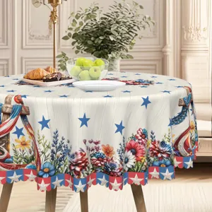 Gedetailleerd uitzicht op het ronde tafelkleed voor Onafhankelijkheidsdag met sterren en bloemen.