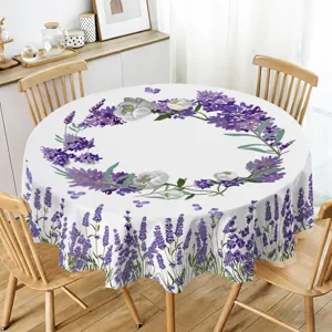 Nappe ronde motif de fleurs de lavande en tissu polyester pour table a manger et deco.