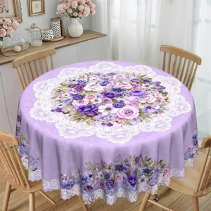 Paarse ronde tafelloper met bloemenpatroon en elegant kantontwerp voor eettafel.