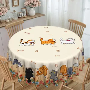 Nappe ronde en polyester avec de mignons chats de dessin animé et fleurs pour la salle à manger.