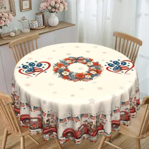 American Independence Day round tablecloth polyester patriotic red truck floral decor table cover