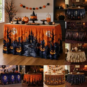 Φούστα Τραπεζιού Halloween με Μοτίβο Κολοκύθας Κάστρου Φαντάσματος Εκτυπωμένο Τραπεζομάντηλο Διακόσμηση Πάρτι