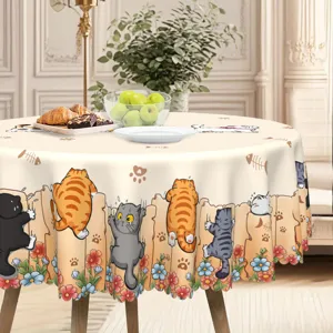 Nappe ronde en polyester avec joli motif de chat pour la décoration de salle à manger.