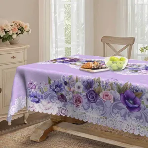 Paarse Bloemen Tafelkleed Polyester Stofdichte Tafelhoes voor Eetkamer Keuken Decor