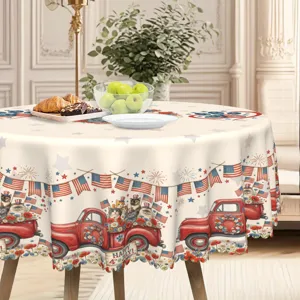 Round Independence Day tablecloth featuring red truck and cats pattern for home dining decor.