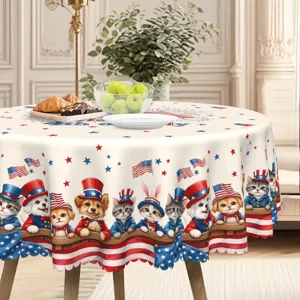 Ronde tafelkleed met 4 juli schattig kat hond patriotisch ontwerp voor huisdecoratie