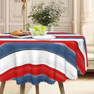 Nappe ronde en polyester à rayures effet bois rouge blanc bleu pour la décoration de table.