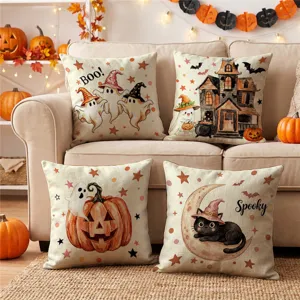 Housse de Coussin Halloween en Lin Carré Effrayant Citrouille Fantôme Imprimé Décoratif Pour Maison
