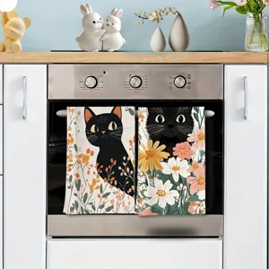 Canovacci da cucina con stampa digitale di gatto nero carino e fiori, in microfibra.