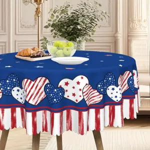 American Independence Day Round Tablecloth Patriotic Stars Hearts Fabric Table Cover