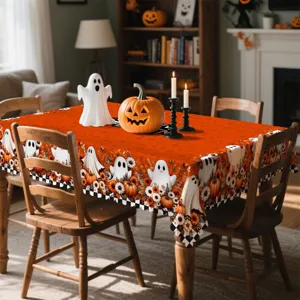 Detail de nappe d'Halloween avec des fantômes mignons, des citrouilles et bord à carreaux.