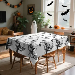Nappe d'Halloween en polyester motif arbres morts corbeaux effrayants déco de table salle à manger