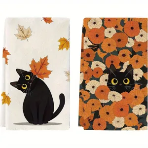 Set strofinacci cucina gatto nero carino, design foglie autunno e fiori in microfibra.