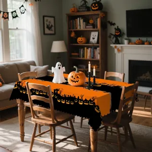 Nappe d'Halloween vue détaillée, design de citrouille orange et noir pour salle à manger.