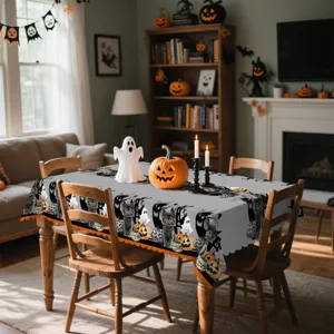 Nappe d'Halloween en tissu gris décoration d'intérieur housse de table avec chats et citrouilles