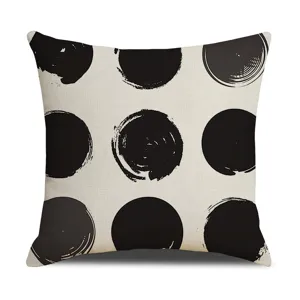 Modern minimalist black and white polka dot linen throw pillow cover for sofa decor.