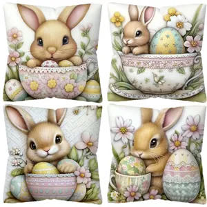 Housses de coussin Lapin de Pâques Oeuf Floral Décoration de Canapé Maison 4Pcs Set
