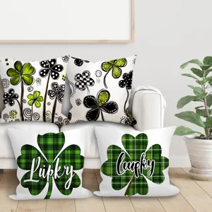 Green clover plaid throw pillow set for living room sofa home decor cushion cover 18x18