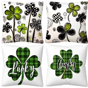 Green clover plaid throw pillow set, modern minimalist sofa cushion for home and office decor.