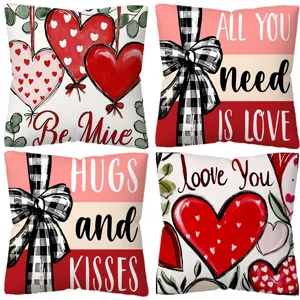 Valentine's Day throw pillow cover set, red heart and buffalo plaid design for sofa decor.