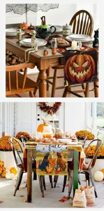 Halloween table runner retro pumpkin design linen dining table decoration heat-resistant.