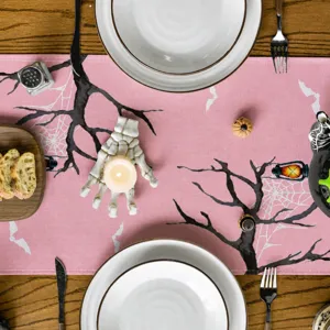 Halloween pink table runner with scary tree spiderweb design for dining table decor and party.