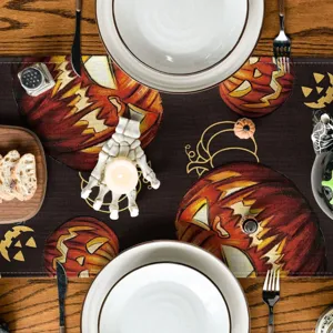 Halloween table runner retro pumpkin design rustic linen dining table cloth decor for holiday party