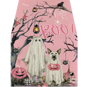 Halloween pink table runner with cute ghosts and pumpkins, perfect for festive home dining decor.