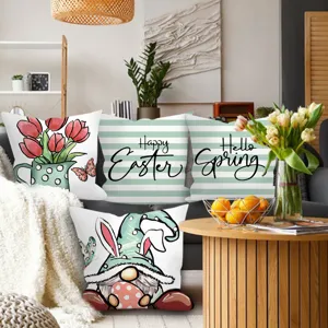 Easter spring decorative throw pillow covers set with cute gnome and tulip floral prints.