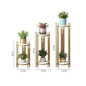 Nordic luxury plant stand gold metal marble pattern multi layer flower rack indoor floor display