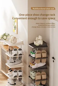 Vertical multi-layer shoe rack for entryway, space-saving narrow shoe storage organizer.